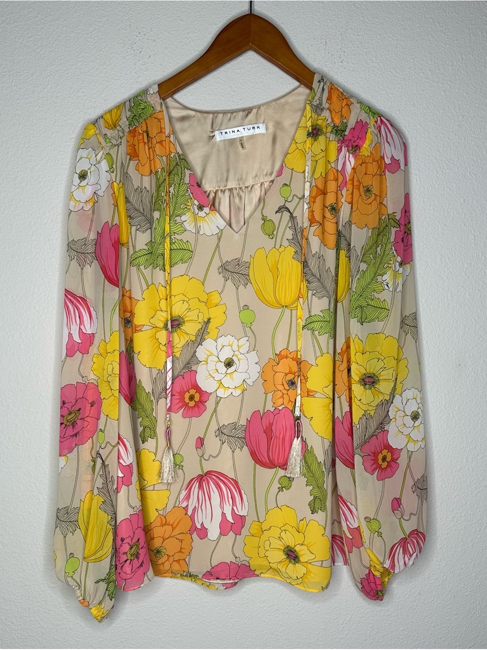 Trina Turk Beige Floral Chiffon Tassel Tie V-neck Bishop Long Sleeve Blouse L